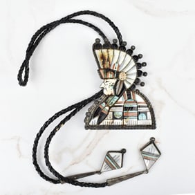 Zuni Hardstone and Silver Bolo Tie