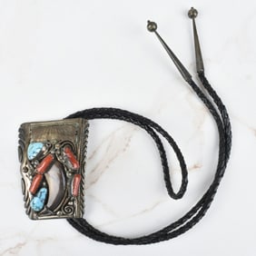 Navajo Coral Turquoise and Silver Bolo Tie