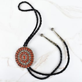 Native American Coral and Silver Bolo Tie