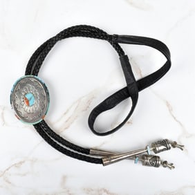Native American Turquoise, Coral & Silver Bolo Tie