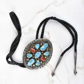 Navajo Turquoise, Coral and Silver Bolo Tie