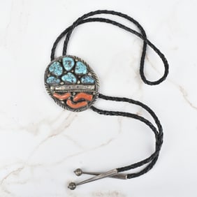 Navajo Turquoise, Coral and Silver Bolo Tie