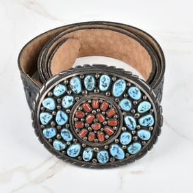 Navajo Turquoise, Coral and Silver Belt Buckle