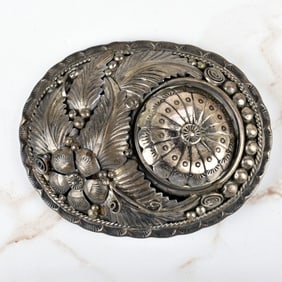 Navajo Turquoise, Coral and Silver Belt Buckle