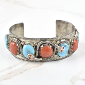 Zuni Coral, Turquoise and Silver Bracelet
