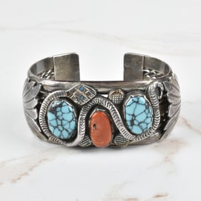 Navajo Coral, Turquoise and Silver Bracelet