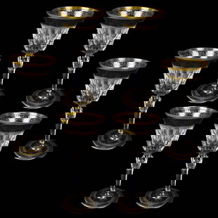 St Louis "Stella" Cordial Stems: Six French St Louis "Stella" Pattern Platinum and Gold Encrusted Crystal Cordial Stems. Etched mark to base. Measure 6-3/4" H, 3" W (at rim). Kodner Galleries offers phone and absentee bidding at a lo