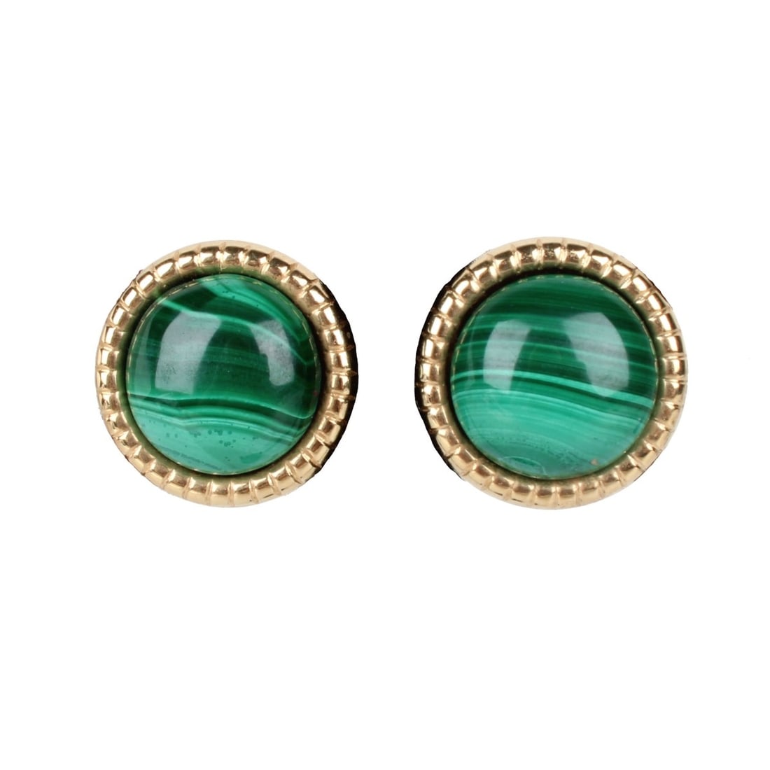 Malachite and 14K Earrings: Vintage Malachite and 14 Karat Yellow Gold Earrings. Stamped 14K. Measure 5/8" diam. Approx. total weight: 3.90 grams. Kodner Galleries offers phone and absentee bidding at a low, flat 21% buyer’s p