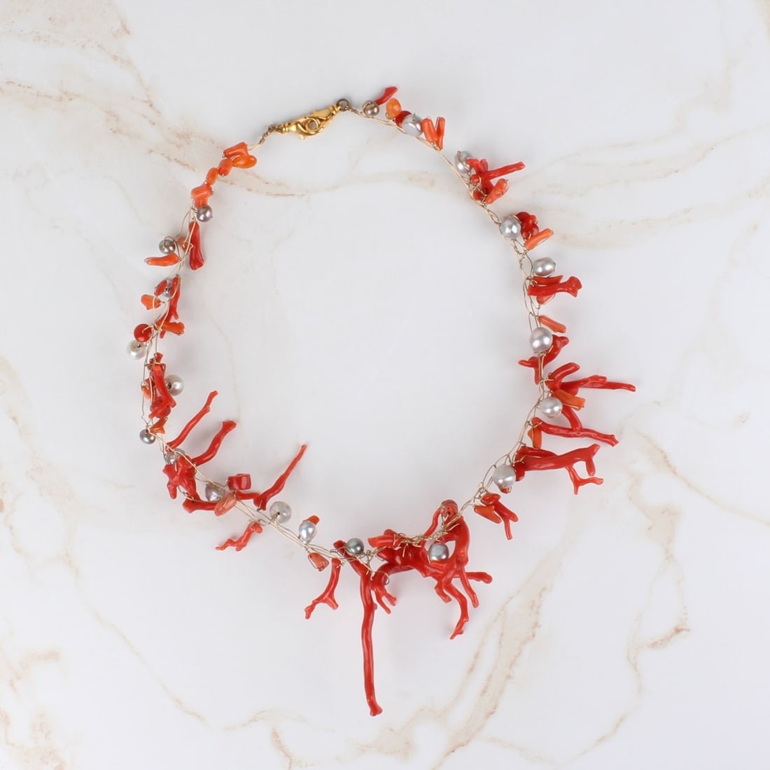 Coral and Pearl Necklace: Vintage Branch Coral, Baroque Grey Pearl and Quartz Necklace with Gold Tone Metal Clasp and Wire. Measures 20" L. Provenance: former South Florida jewelry designer / maker. Kodner Galleries offers pho