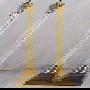 Mid-century Modern Neo-classical Glass Lamps: Pair of Mid-century Modern Neo-classical Glass Column and Brass Lamps. Bottom to beginning of harp measures: 19-3/4" high, base measures 6" square. Kodner Galleries offers phone and absentee bidding a