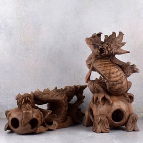 Vintage Carved Chinese Dragon Sculptures