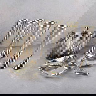 Collection of Silver Plate Service Ware: Collection of Eight (8) Silver Plate Service Ware Pieces. Consisting of one (1) Los Castillo mixed metal three compartment tray properly stamped on bottom, measures: 1-1/8" high, 12" wide, 11" deep, o