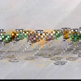 Various Colors Crystal Stemware Glasses: Eleven (11) Various Colors Crystal Stemware Glasses Cut to Clear with Gold Enamel Decoration. Five (5) amber, four (4) green and two (2) amethyst. Measures: 8-1/4" high, foot measures: 3" diameter. Ko
