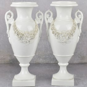 Vintage White Glazed Porcelain Urn Shape Vases
