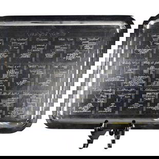 Christofle Silver Plated Tray: Large Drinks Serving Tray Engraved with Cocktail Recipes. Properly marked. Measures: 13" H, 17" W. Kodner Galleries offers phone and absentee bidding at a low, flat 21% buyer’s premium without surch