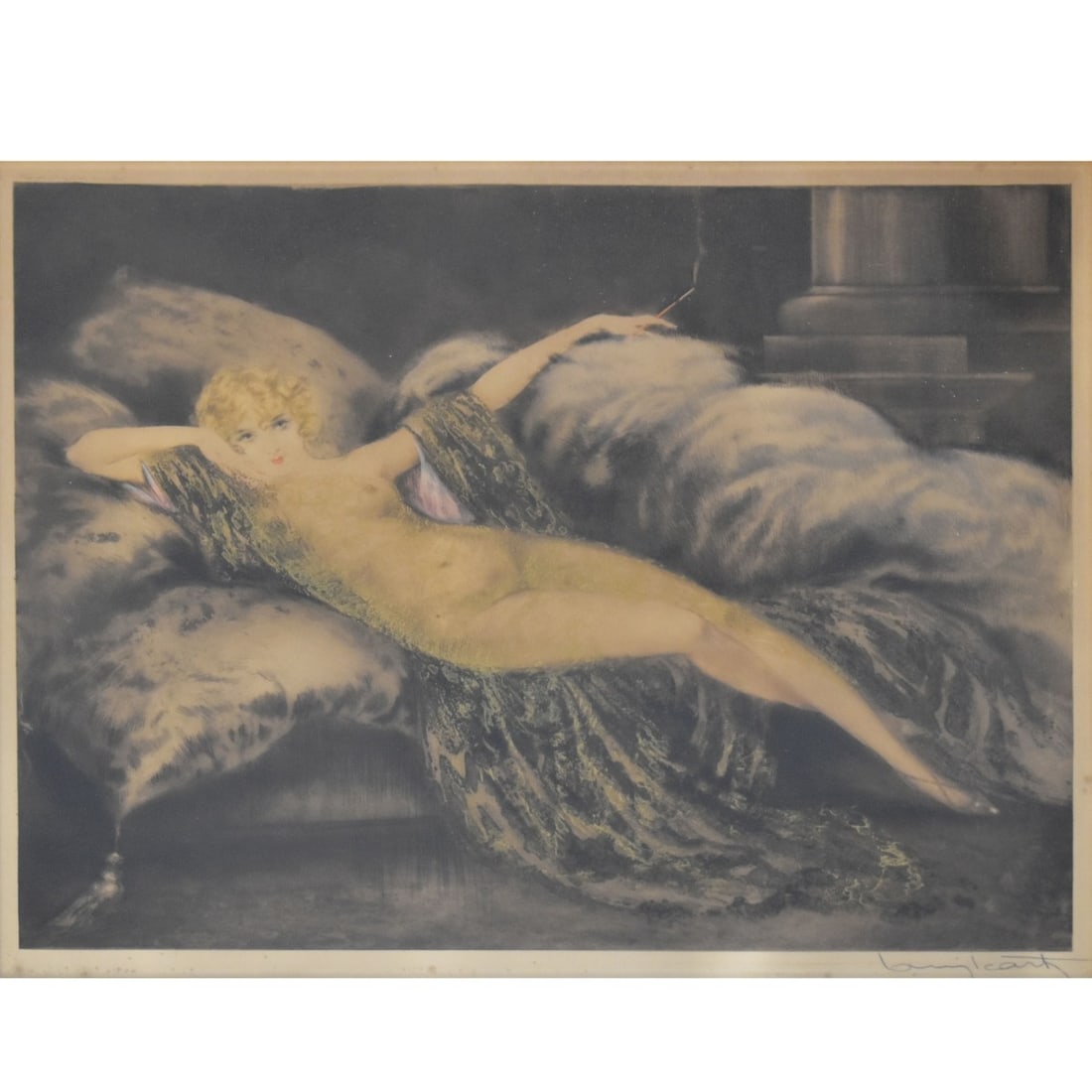 Louis Icart, French (1888 - 1950): Louis Icart, French (1888 - 1950) "Golden Veil" Colored Etching and Drypoint on Paper. Framed under Plexiglass. Depicting a reclining semi-nude lady on a large over stuffed sofa. Artist signed in lowe