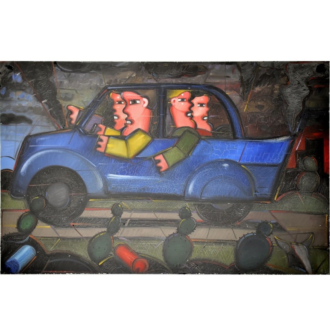 Richard Thompson, American (1945-2021): Richard Thompson, American (1945-2021) "Making a Run For It" Acrylic on Paper. Framed between glass panels. Signed, title and dated "1979" to the back. Image area measures: 24" high, 36" wide, frame m