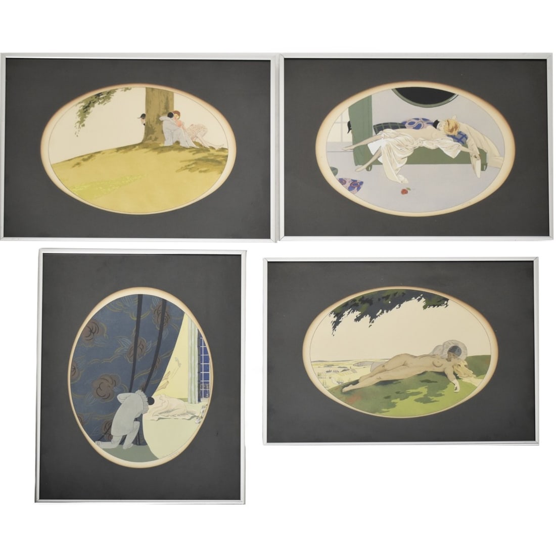 Ettore Tito, Italian (1859-1941): Ettore Tito, Italian (1859-1941) Collection of Four (4) Art Deco Semi-erotic Pochoirs with Hand Coloring on Paper. Framed under Plexiglass. Pencil signed. Image area measures: 8" high, 11-1/2" wide, f