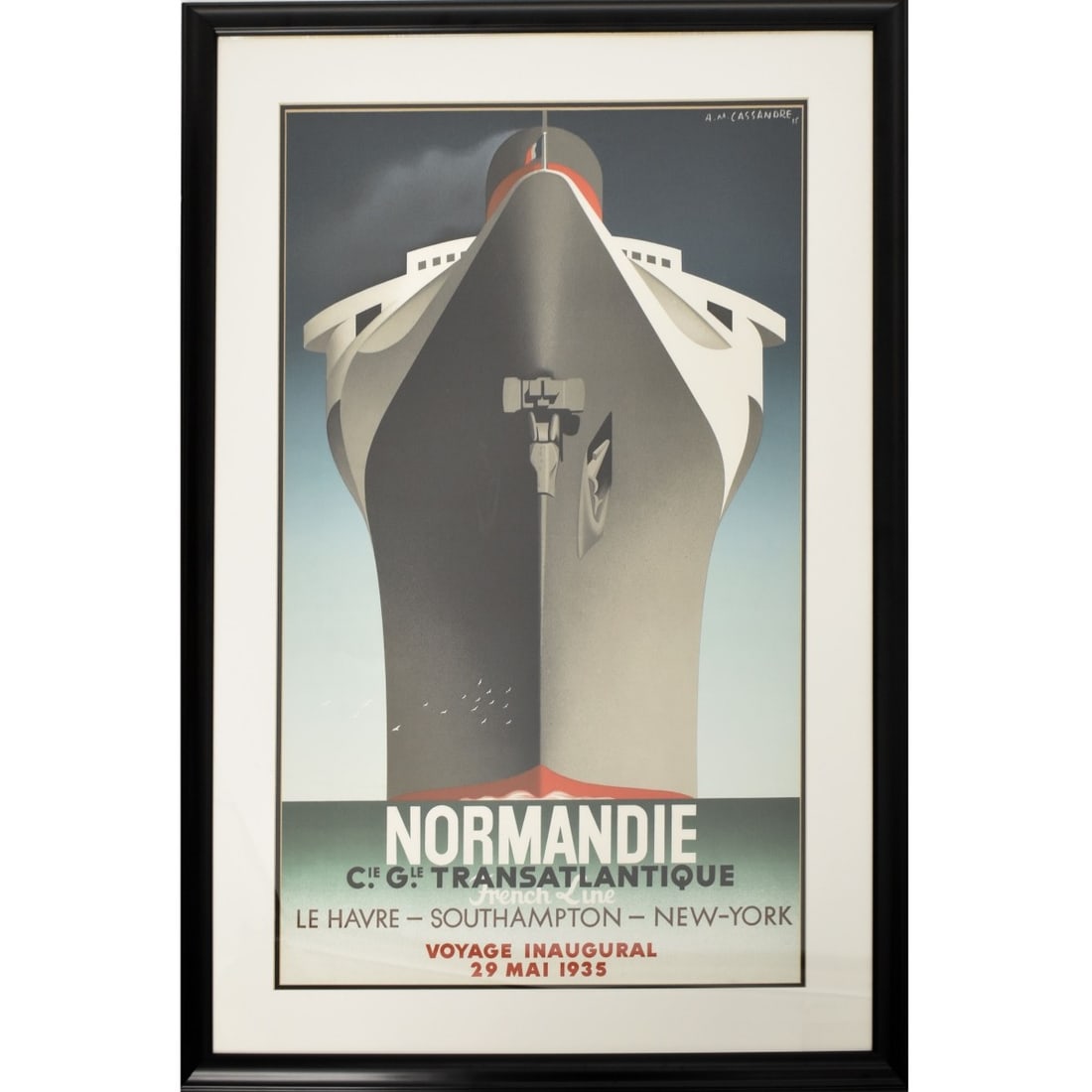 Normandie Poster (1935 Voyage): Normandie Poster (1935 Voyage) Framed Under Plexiglass. Signed "AM Cassandre" in the plate upper right-hand corner. Image area measures: 38" high, 23" wide, frame measures: 47-1/2" high, 32-1/2" wide.