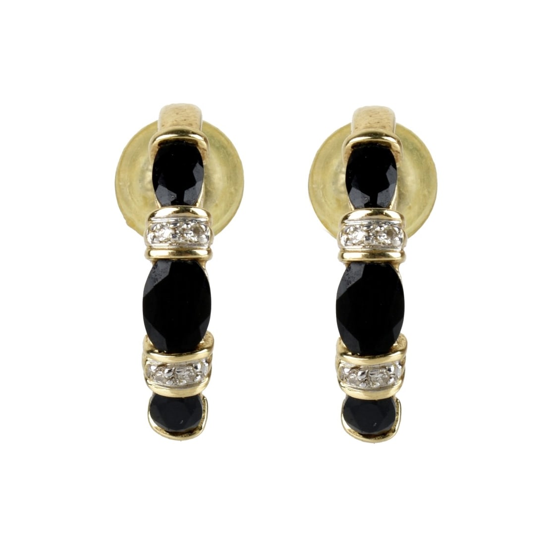 Onyx, Diamond and 14K Earrings: Vintage Oval Cut Black Onyx, Small Round Cut Diamond and 14 Karat Yellow Gold Huggie Earrings, Stamped 14K. Measure 3/4" L, 3/16" W. Approx. total weight: 3.43 grams. Kodner Galleries offers phone and