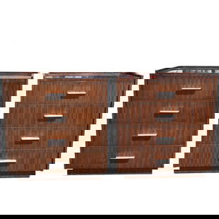Pair of Ralph Lauren Polished Rosewood Nightstands: Pair of Ralph Lauren Polished Rosewood Nightstands from the "Modern Metropolis" Furniture Collection for Henredon. Each with four (4) drawers with stainless steel accents, marked inside top drawer wit