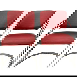 Style of Milo Baughman Chairs: Two (2) Mid-modern Chrome and Red Vinyl with White Piping Cantilever Dining Chairs in the Style of Milo Baughman. Measures: 32" high, 19" wide, seat measures: 17" high. Kodner Galleries offers phone a
