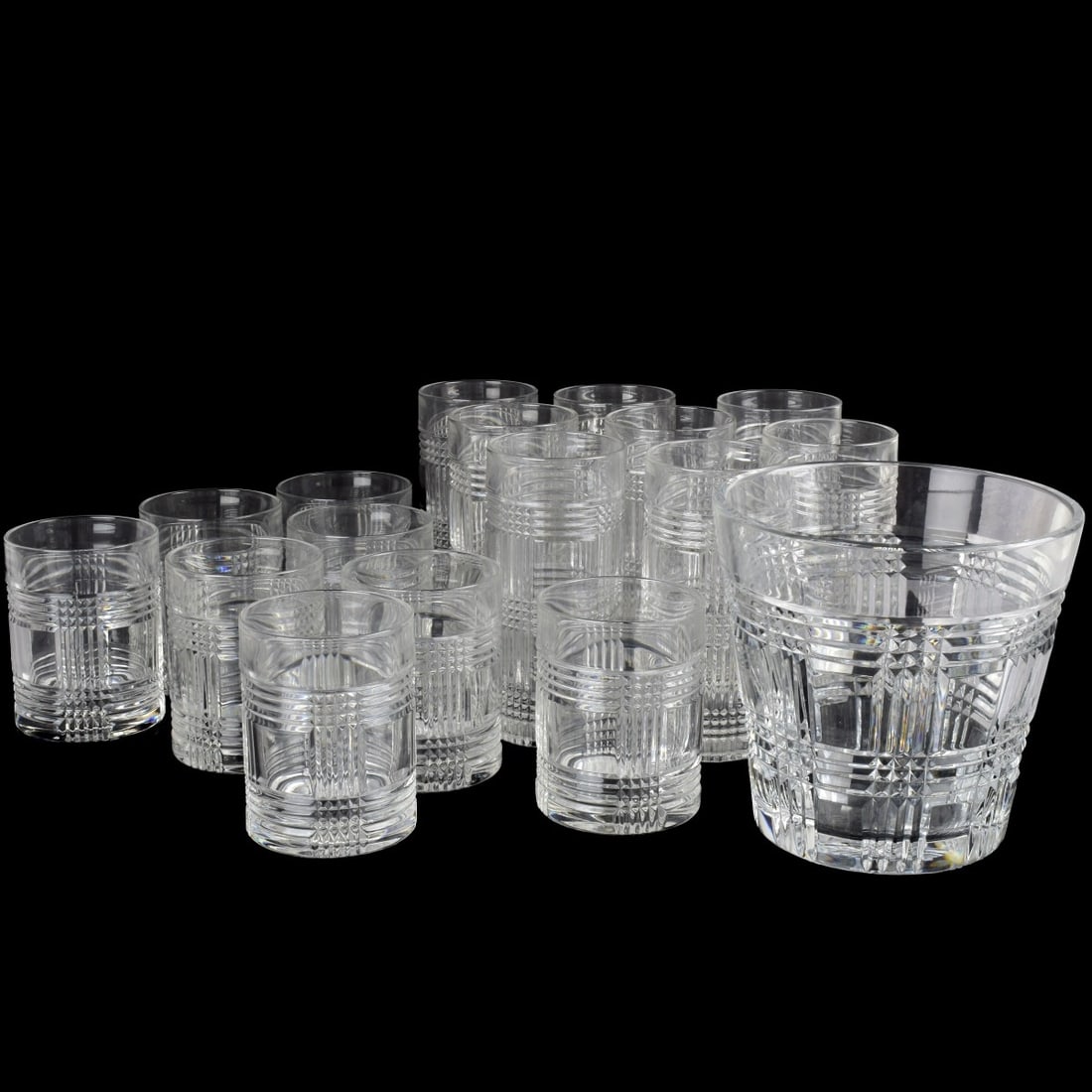 Ralph Lauren "Glen Plaid" Crystal: Ralph Lauren "Glen Plaid" Crystal Ice Bucket and Corresponding Glasses. Several marked to the bottoms while others have name rubbed off from usage. Consisting of one (1) ice bucket, measures: 6-1/2" h