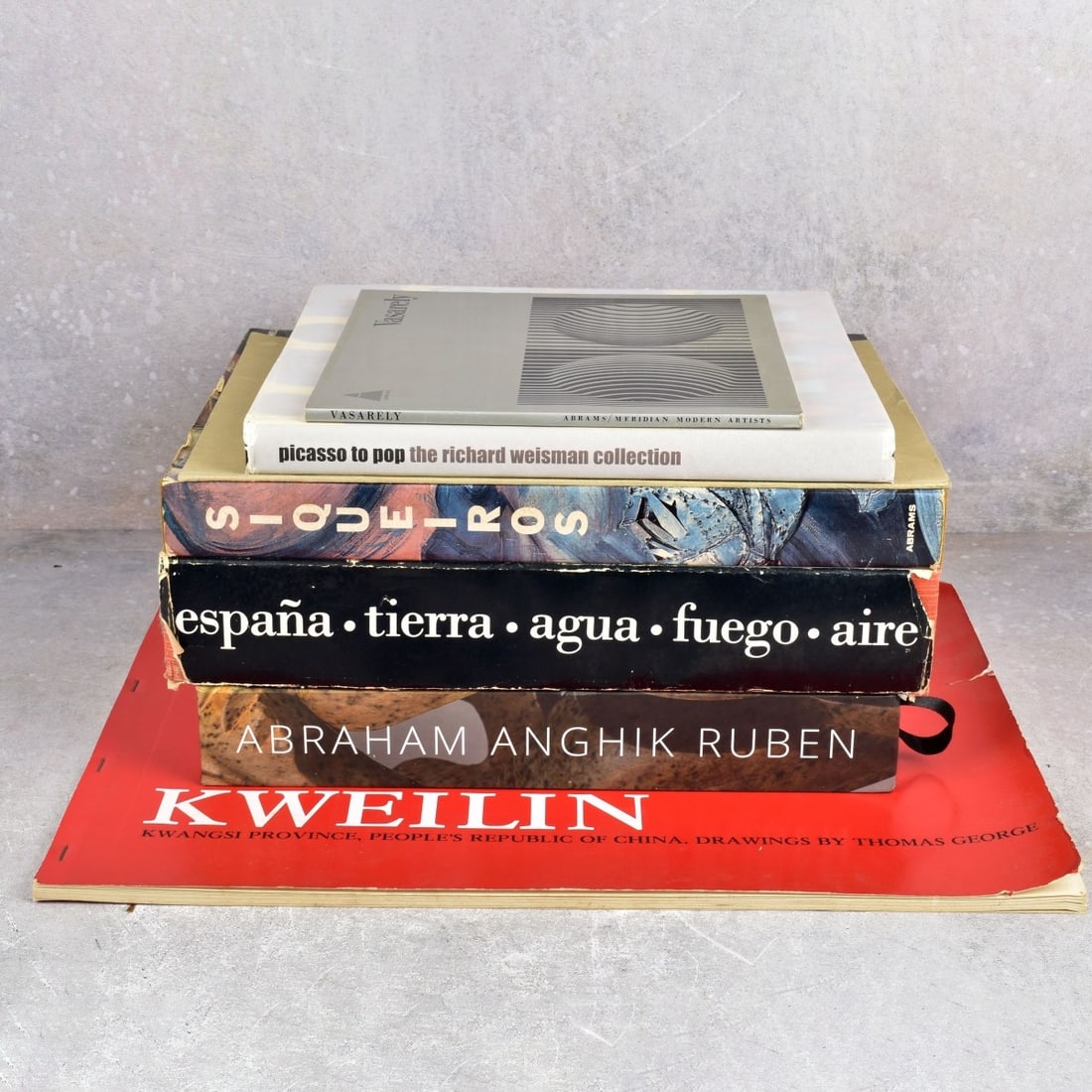 Collection of Art Books: Seven (7) Art Books. Some hard covers with and with-out dust jackets, some soft covers. Including: Abraham Anghik Ruben, Espana -Tierra Agua Fuego Aire 1969, Kweilin Drawings by Thomas George, Vasarel