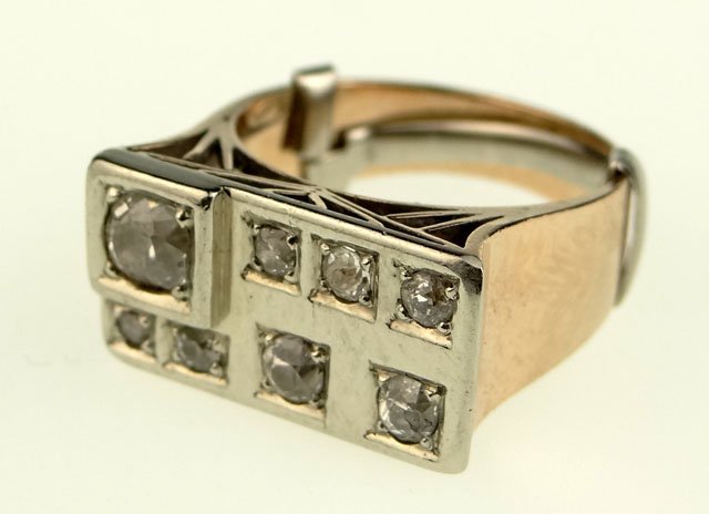 Diamond and 14 Karat Yellow and White Gold Ladies Ring.: Diamond and 14 Karat Yellow and White Gold Ladies Ring. Set with Old European Cut Diamonds. Size 6-3/4. Signed 14k. Good to Very Good Condition. Weighs 7.8 Grams or 5.0 Pennyweights. Shipping $20.00
