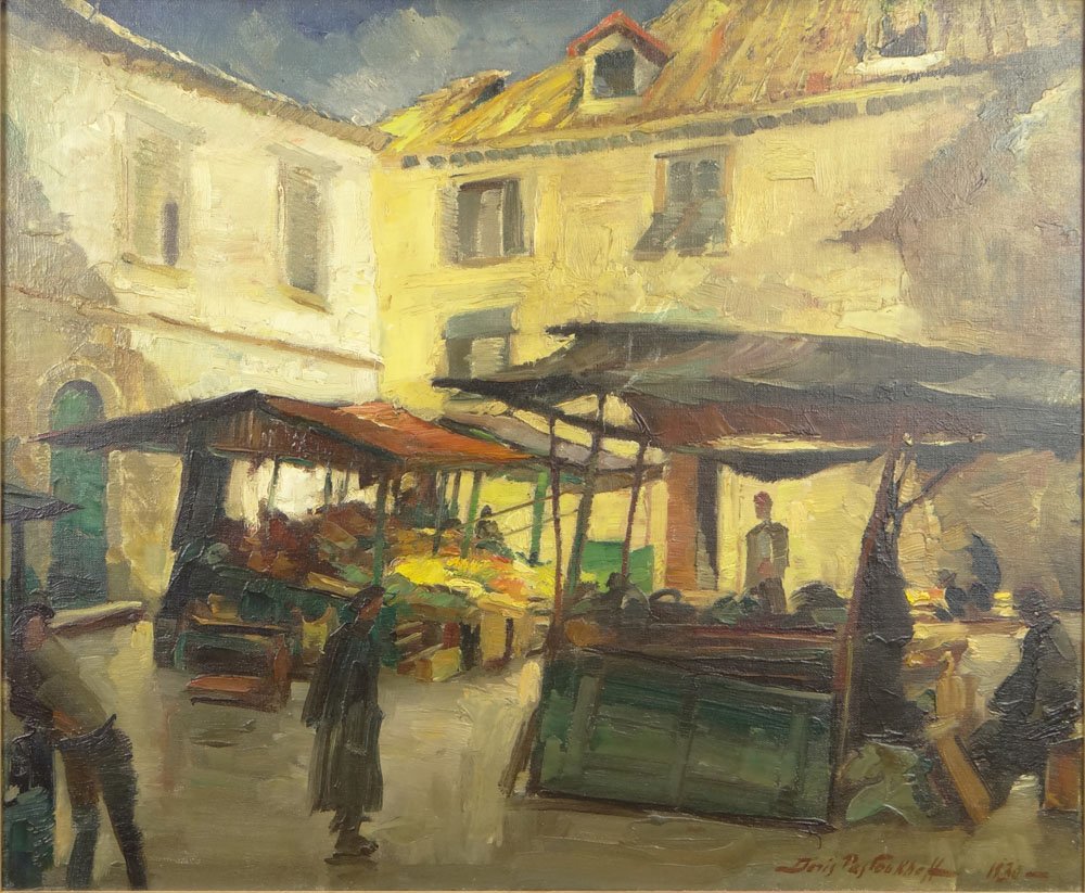 Boris Ivanovitsch Pastoukhoff Russian-Ukrainian (1894-1: Boris Ivanovitsch Pastoukhoff Russian-Ukrainian (1894-1974) Oil on Canvas "At the Market" Signed Lower Right and Dated 1930. Good to Very Good Condition. Measures 23-1/4 Inches by 28-1/4 Inches (sight
