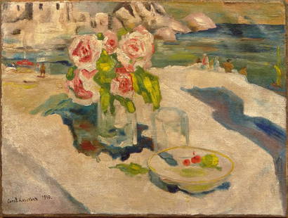 attributed to: Konstantin Alexeievitch Korovin Russian: attributed to: Konstantin Alexeievitch Korovin Russian (1861-1939) Oil on Canvas "Still Life-Outdoors" Signed Lower Left and Dated 1910. Good Condition. Measures 23-3/4 Inches by 32 Inches. Unframed.