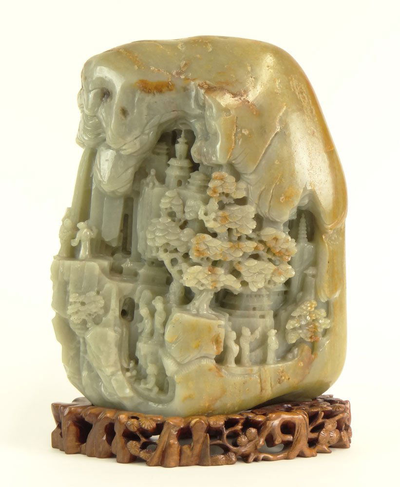 Large and Heavy Chinese Celadon Green to Russet Jade Bo: Large and Heavy Chinese Celadon Green to Russet Jade Boulder Scholar's Mountain Carving with Carved Wood Base. Unsigned. Good Condition or Better. Measures Approximately 11-1/2 Inches Tall and 9-1/2 I