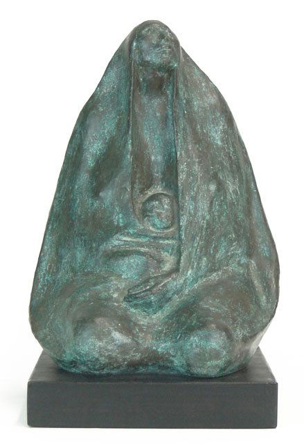 Francisco Zuniga Mexican (1912-1998) 1974 Bronze Sculpt: Francisco Zuniga Mexican (1912-1998) 1974 Bronze Sculpture with Green Patina on Wood Base "Mother Seated with Child". Signed and Numbered Xlll/XXVlll. Good Condition or Better. Measures 11-1/4 Inches