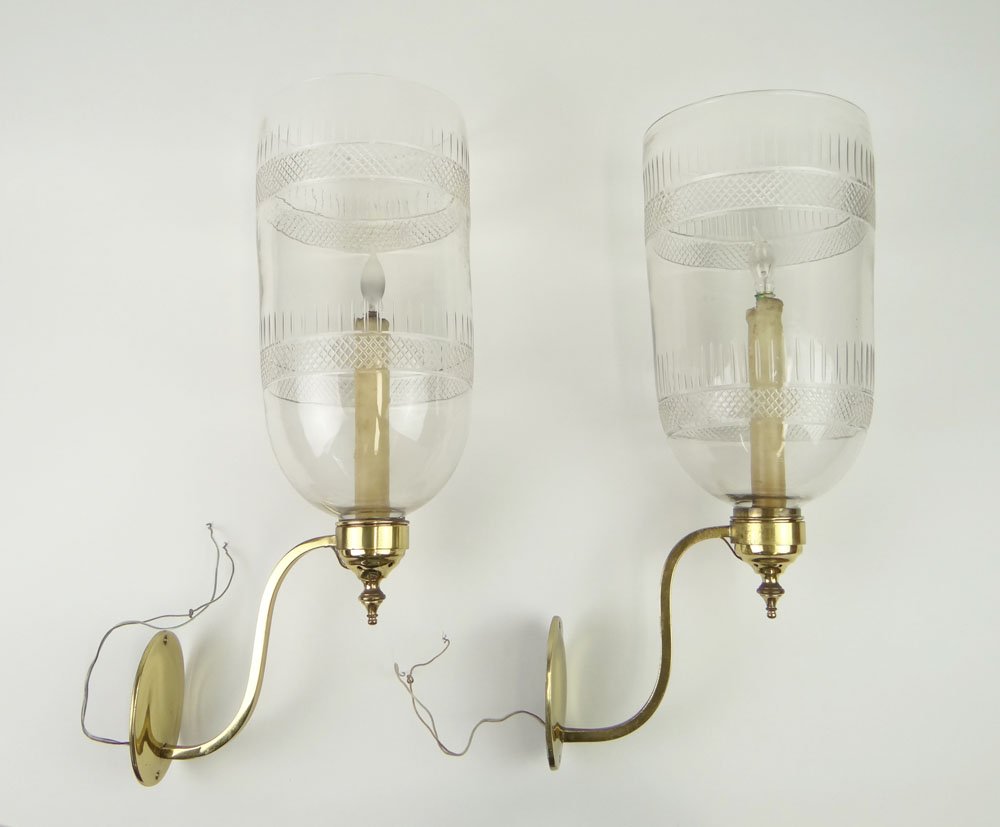 Pair of 19th Century Brass and Crystal Sconces with Hug: Pair of 19th Century Brass and Crystal Sconces with Huge Crystal Domes. Good to Very Good Condition. Domes Measure about 12-1/2 Inches Tall and almost 6 Inches Diameter at the Open End. Shipping $100.