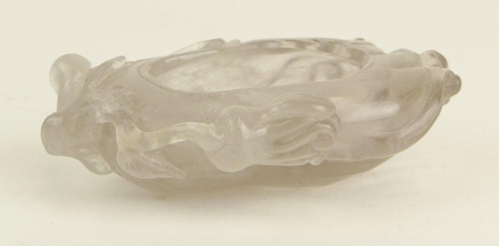 Chinese Carved Rock Crystal Figural Buddha's Hand Citro: Chinese Carved Rock Crystal Figural Buddha's Hand Citron Brush Washer. Unsigned. Natural Flaws Otherwise Good Condition or Better. Measures 3-1/2 Inches Long and 2-1/4 Inches Wide. Shipping $28.00