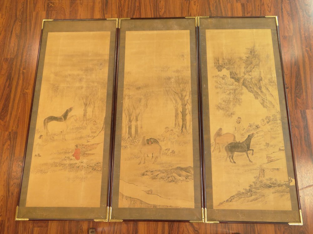 Three (3) Probably 19th Century Chinese Ink and Color W: Three (3) Probably 19th Century Chinese Ink and Color Wash Scroll Paintings on Paper Laid Down on Heavier Stock, "Landscapes with Horses and Men". Seal Marks to Two (2). Fading, Toning, Old Paper Loss