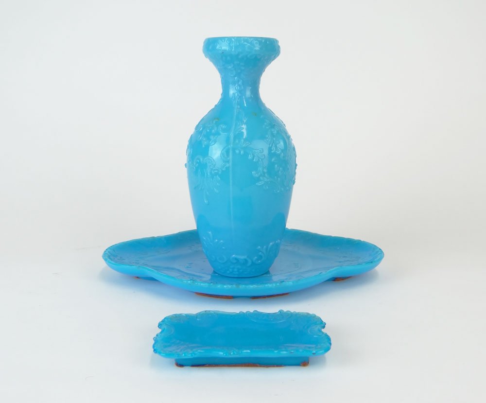 Three (3) Pieces of Antique Turquoise Opaline Glass wit: Three (3) Pieces of Antique Turquoise Opaline Glass with Raised Decoration Including a Vase, a Vanity Tray and a Trinket Dish. Unsigned. Good Condition or Better. Tray Measures 11-1/2 Inches by 8-3/4