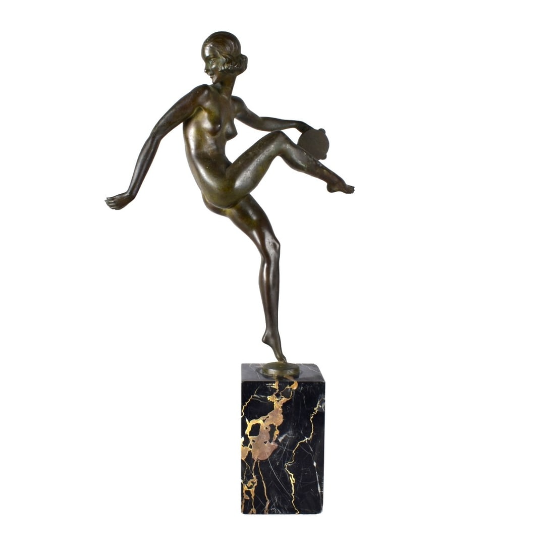 Pierre Laurel, French (1892 - 1962): Pierre Laurel, French (1892 - 1962) Bronze Sculpture on Marble Base "Nude Tambourine Dancer" Signed on the Base. Marcel Guillemard foundry mark. Overall measures 20" x 5-1/2" x 11-1/2". Kodner Galleri