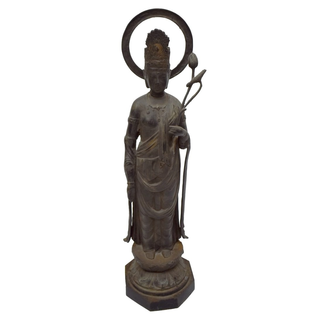 Large Antique Chinese Guanyin Sculpture: Large Antique Chinese Cast Iron Guanyin Sculpture. Overall measures 34-1/4" x 9" x 9". Kodner Galleries offers phone and absentee bidding at a low, flat 21% buyer’s premium without surcharge or hidd