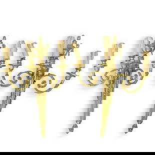 Pair of Gilt Bronze Three Arm Sconces: Pair of 19th Century French Louis XVI Style Gilt Bronze Three Arm Sconces. Fluted stem with foliage motif and urn finial. Measures 21' H x 14" W. Kodner Galleries offers phone and absentee bidding at