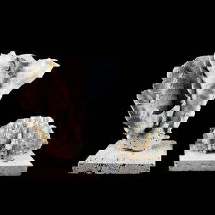 Two Natural Mounted Coral Fossil Sculptures: Two (2) Natural Mounted Coral Fossil Sculptures. One is very wavy, measures: 7-1/2" high, 10" wide and the other looks like a rolled up fan, measures: 6-1/2" high, 13" wide. Kodner Galleries offers ph