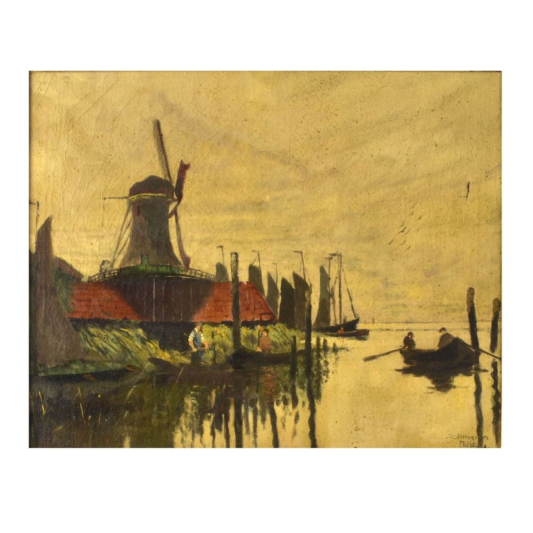 Antique Czech School O/C: Antique Czech School Oil on Canvas "Windmill and Boats Near Zaandam" (After Claude Monet) Signed Lower Right. Measures 22-1/8" x 28". Frame measures 25-1/2" x 31-5/8". Kodner Galleries offers phone an
