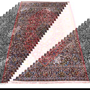 Semi-antique Persian Kashan Rug: Semi-antique Persian Kashan Wool Rug. Measures: 125" x 77". Kodner Galleries offers phone and absentee bidding at a low, flat 21% buyer’s premium without surcharge or hidden fees. For information, p