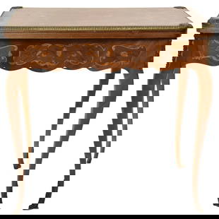 Early 20th Century French Game Table: Vintage French Bronze Mounted Marquetry Inlaid Folding Game Table having a Slide Out Drawer with Cabriolet Legs and a Newer Felt Top. When closed measures: 30-1/2" high, 32" wide, 23" deep. Top opened