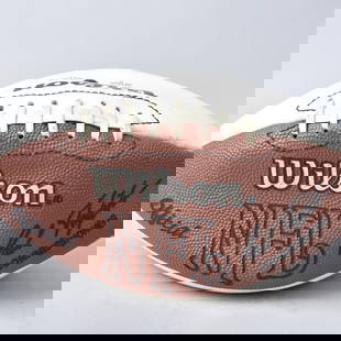 Dan Marino Autographed NFL Football w Team mates: Dan Marino Autographed NFL Wilson Football with 4 other teammates probably: B Parmalee #30, John Kidd #17, Tim Ruddy #61, Possibly Jason Taylor #99. Kodner Galleries offers phone and absentee bidding