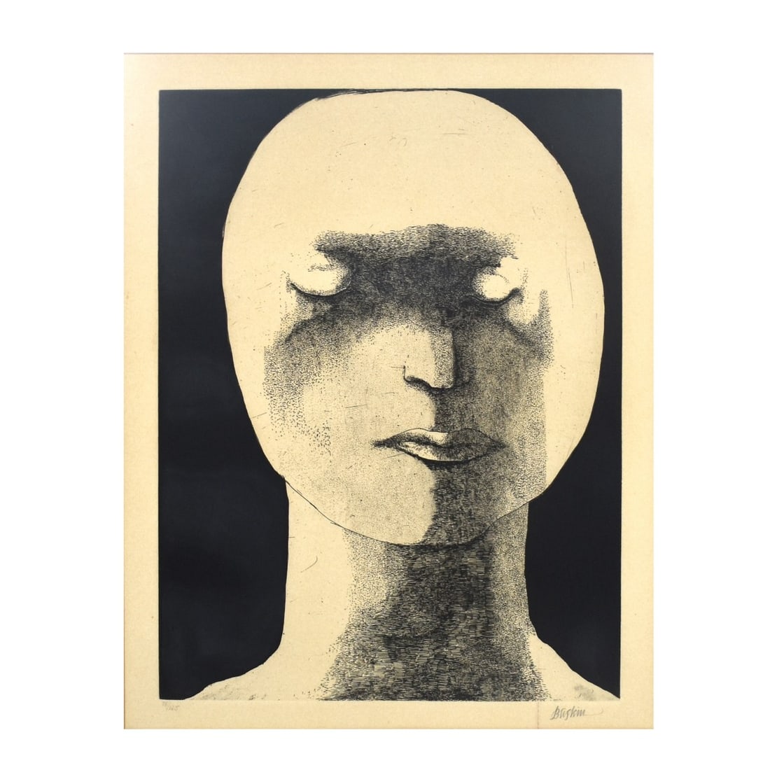 Leonard Baskin (1922 - 2000): Leonard Baskin, American (1922 - 2000) "Woman with Down Cast Eyes" Etching on Paper, Signed and Numbered 18/125. Measures 19-7/8" x 14-3/4". Frame measures 29" x 24". Kodner Galleries offers phone and
