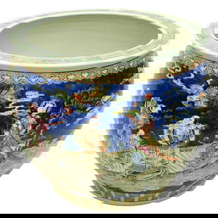 Lg 20C Chinese Porcelain Fish Bowl: Large 20th Century Chinese Porcelain Fish Bowl with Immortal Figures. Apocryphal Qianlong mark to base. Measures 18" H, 22" W. Kodner Galleries offers phone and absentee bidding at a low, flat 21% buy