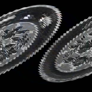 Daum Glass Centerpiece Bowl: Large Daum Glass Centerpiece Bowl. Signed Daum France on the base. Measures: 3" high, 13" diameter. Kodner Galleries offers phone and absentee bidding at a low, flat 21% buyer’s premium without surc
