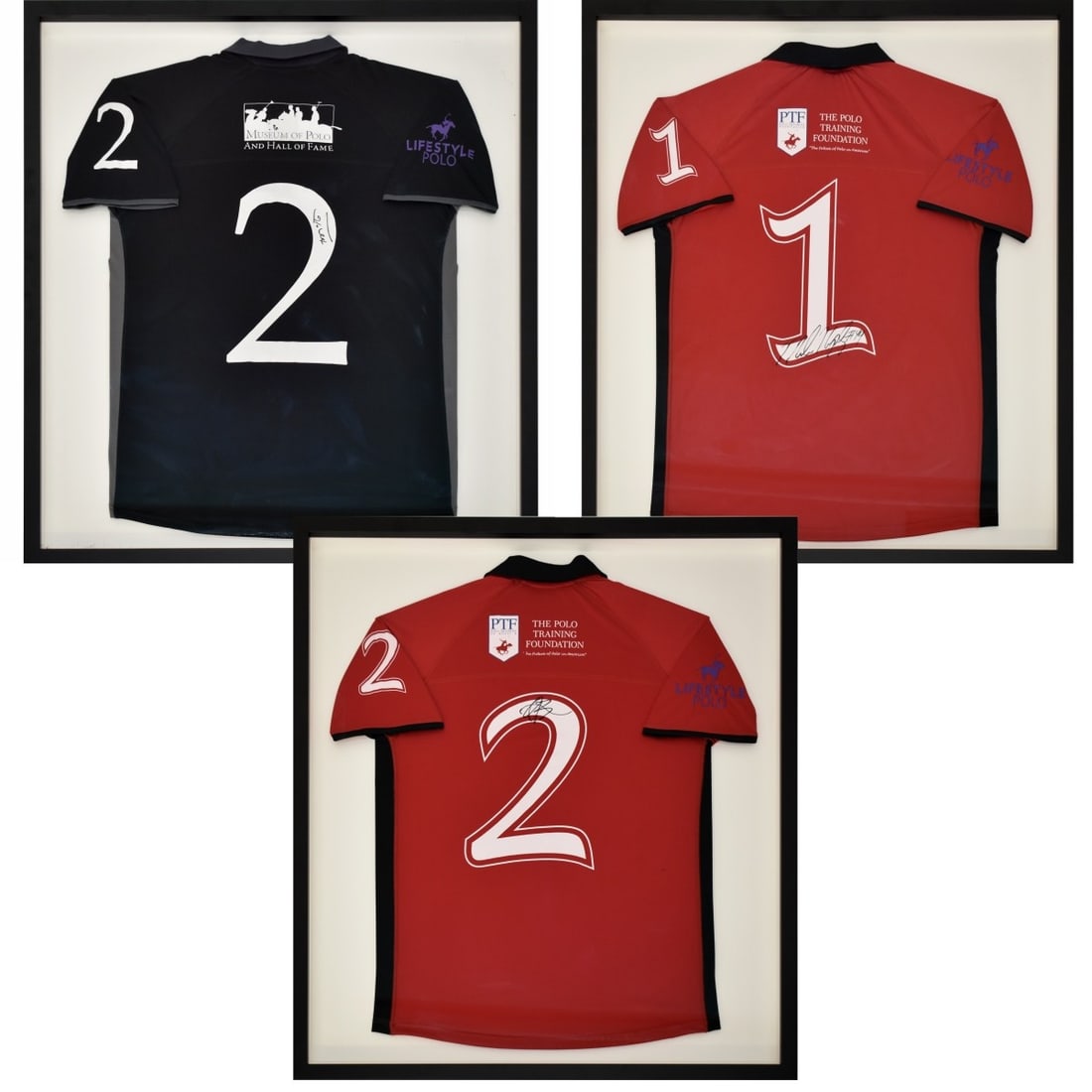 Frame Polo Shirts: Three (3) Framed Polo Jerseys. Framed under Plexiglass. Frames measure: 36-1/2" high, 32" wide. Kodner Galleries offers phone and absentee bidding at a low, flat 21% buyer’s premium without surcharg