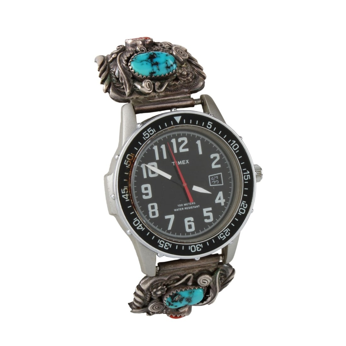 Navajo Turquoise, Coral & Silver Watch Bracelet (1 of 5)